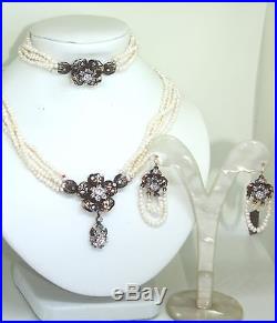 Victorian style pearl set, rose gold necklace earrings and bracelet, natural pea