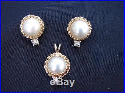 Vintage 10 1/2 mm Mabe Pearl 14k Gold Earrings & Pendant Set w Diamond