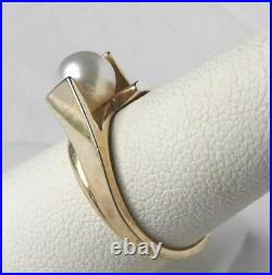 Vintage 10K Gold Modernist Tension Set 5MM Akoya Pearl Bypass Solitaire Ring Sz6