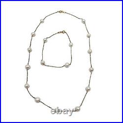 Vintage 10K Gold Pearl 6 mm Station Necklace 17 Chain 7 Bracelet Demi Parure