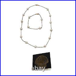 Vintage 10K Gold Pearl 6 mm Station Necklace 17 Chain 7 Bracelet Demi Parure