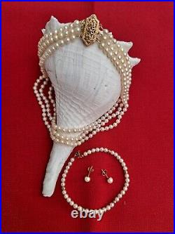 Vintage 14K Gold 3 Strand Pearl Necklace, bracelet & earrings SET + Loose Pearls