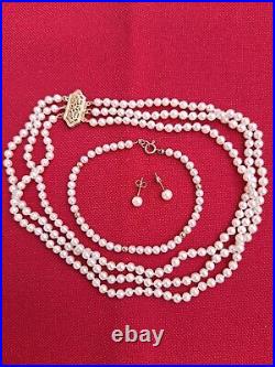 Vintage 14K Gold 3 Strand Pearl Necklace, bracelet & earrings SET + Loose Pearls