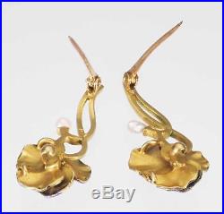 Vintage 14K Gold Enamel & Pearl Pansy Flower Brooch Pins Special Set of 2
