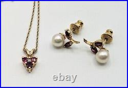 Vintage 14K Gold Necklace & Earrings Set w Rhodolite Garnet, Diamond & Pearls