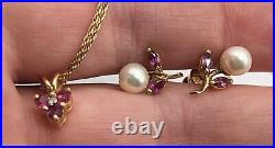 Vintage 14K Gold Necklace & Earrings Set w Rhodolite Garnet, Diamond & Pearls