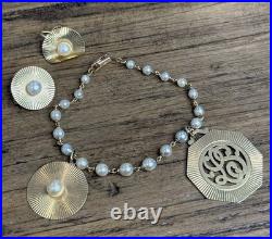 Vintage 14K Gold Pearl Bracelet & Earrings Set 1950 Engraved Estate 22.1g