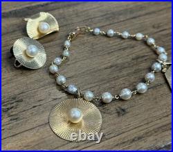 Vintage 14K Gold Pearl Bracelet & Earrings Set 1950 Engraved Estate 22.1g