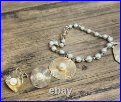 Vintage 14K Gold Pearl Bracelet & Earrings Set 1950 Engraved Estate 22.1g Vintage 14K Gold Pearl Bracelet & Earrings Set 1950 Engraved Estate 22.1g