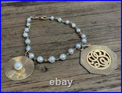 Vintage 14K Gold Pearl Bracelet & Earrings Set 1950 Engraved Estate 22.1g