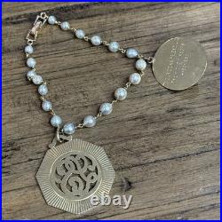 Vintage 14K Gold Pearl Bracelet & Earrings Set 1950 Engraved Estate 22.1g