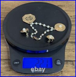 Vintage 14K Gold Pearl Bracelet & Earrings Set 1950 Engraved Estate 22.1g