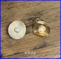 Vintage 14K Gold Pearl Bracelet & Earrings Set 1950 Engraved Estate 22.1g