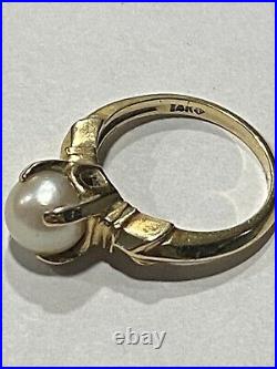 Vintage 14K Solid Yellow Gold 4 Grams Pearl Ring High Crown Setting Beautiful