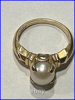 Vintage 14K Solid Yellow Gold 4 Grams Pearl Ring High Crown Setting Beautiful