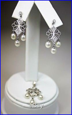 Vintage 14K White Gold Earrings Pendant Set Diamonds Dangling Pearls Signed ADPG