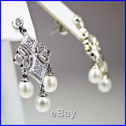 Vintage 14K White Gold Earrings Pendant Set Diamonds Dangling Pearls Signed ADPG