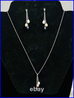 Vintage 14K White Gold Pink, White and Black Pearl Earring and Necklace Set