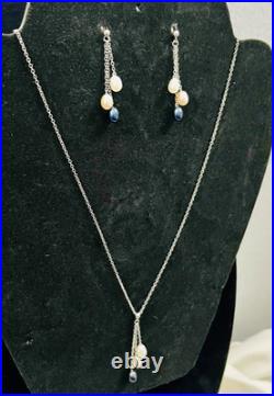 Vintage 14K White Gold Pink, White and Black Pearl Earring and Necklace Set