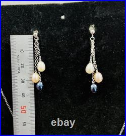 Vintage 14K White Gold Pink, White and Black Pearl Earring and Necklace Set