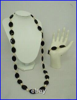 Vintage 14K Yellow Gold Clasp & Beads PEARL BLACK ONYX Necklace & Bracelet Set
