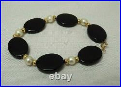 Vintage 14K Yellow Gold Clasp & Beads PEARL BLACK ONYX Necklace & Bracelet Set