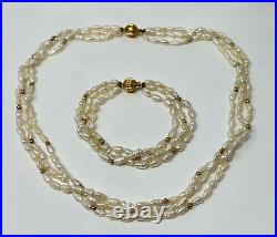 Vintage 14K Yellow Gold Genuine White Rice Pearl 19 Necklace 7.5 Bracelet SET