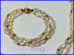 Vintage 14K Yellow Gold Genuine White Rice Pearl 19 Necklace 7.5 Bracelet SET