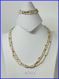 Vintage 14K Yellow Gold Genuine White Rice Pearl 19 Necklace 7.5 Bracelet SET