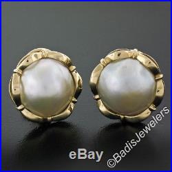 Vintage 14K Yellow Gold Large 13.5mm Bezel Set Mabe Pearl Button Omega Earrings