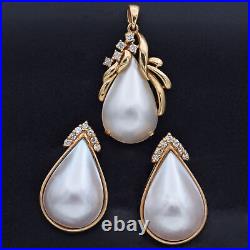 Vintage 14K Yellow Gold Mabe Pearl Diamond Pendant & ALA Signed Earrings Set Box