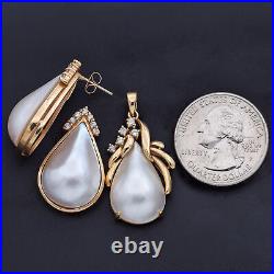 Vintage 14K Yellow Gold Mabe Pearl Diamond Pendant & ALA Signed Earrings Set Box