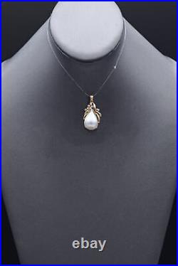 Vintage 14K Yellow Gold Mabe Pearl Diamond Pendant & ALA Signed Earrings Set Box