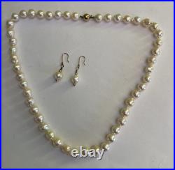 Vintage 14K Yellow Gold Pearl Necklace & Earring Set
