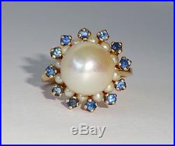 Vintage 14K Yellow Gold Ring Sz. 9.5 set w. 13x Pearls & 12x Sapphires