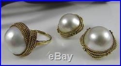 Vintage 14K Yellow Gold Twisted Rope & Large Pearl Chunky Set Ring&Clip Earrings