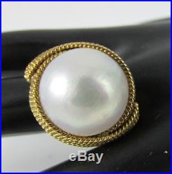 Vintage 14K Yellow Gold Twisted Rope & Large Pearl Chunky Set Ring&Clip Earrings