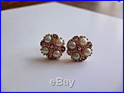 Vintage 14ct solid gold Natural seed pearl and ruby ring and earring set V 1/2