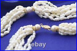 Vintage 14k Gold 10-strand White Freshwater Pearl Twist Necklace & Bracelet Set