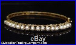 Vintage 14k Gold 3mm White Pearl Prong Set Oval Bangle Bracelet Etched Filigree