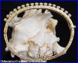 Vintage 14k Gold 3mm White Pearl Prong Set Oval Bangle Bracelet Etched Filigree