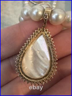 Vintage 14k Gold 8mm Pearl Necklace w Mabe & Diamond Enhancer & Earrings Set