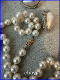 Vintage 14k Gold 8mm Pearl Necklace w Mabe & Diamond Enhancer & Earrings Set