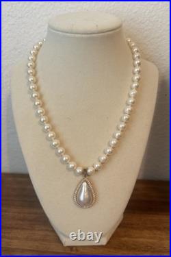 Vintage 14k Gold 8mm Pearl Necklace w Mabe & Diamond Enhancer & Earrings Set