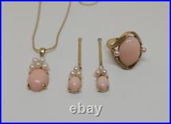 Vintage 14k Gold Angel Skin Coral And Seed Pearl Ring Earrings Pendant Set