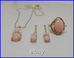 Vintage 14k Gold Angel Skin Coral And Seed Pearl Ring Earrings Pendant Set