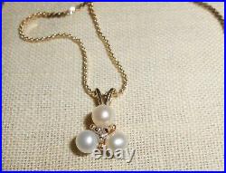 Vintage 14k Gold Freshwater Tri-pearl Diamond Pendant Necklace And Earrings Set