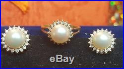Vintage 14k Gold Genuine Pearl & Natural Diamond Ring Earring Set Signed 5gr