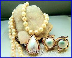 Vintage 14k Gold Mabe Pearl Pendant Earrings Akoya Pearl Necklace Set Parure