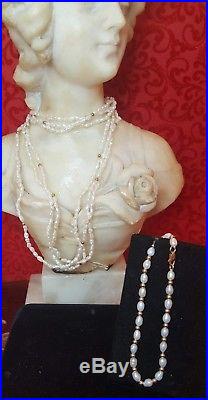 Vintage 14k Gold Natural Pearl 3 Strand Necklace & Bracelet Set Wedding Bridal